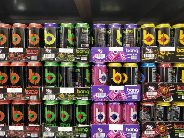 Picture of a shelf of Bang energy drink